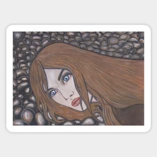 Sad girl on beach stones Sticker